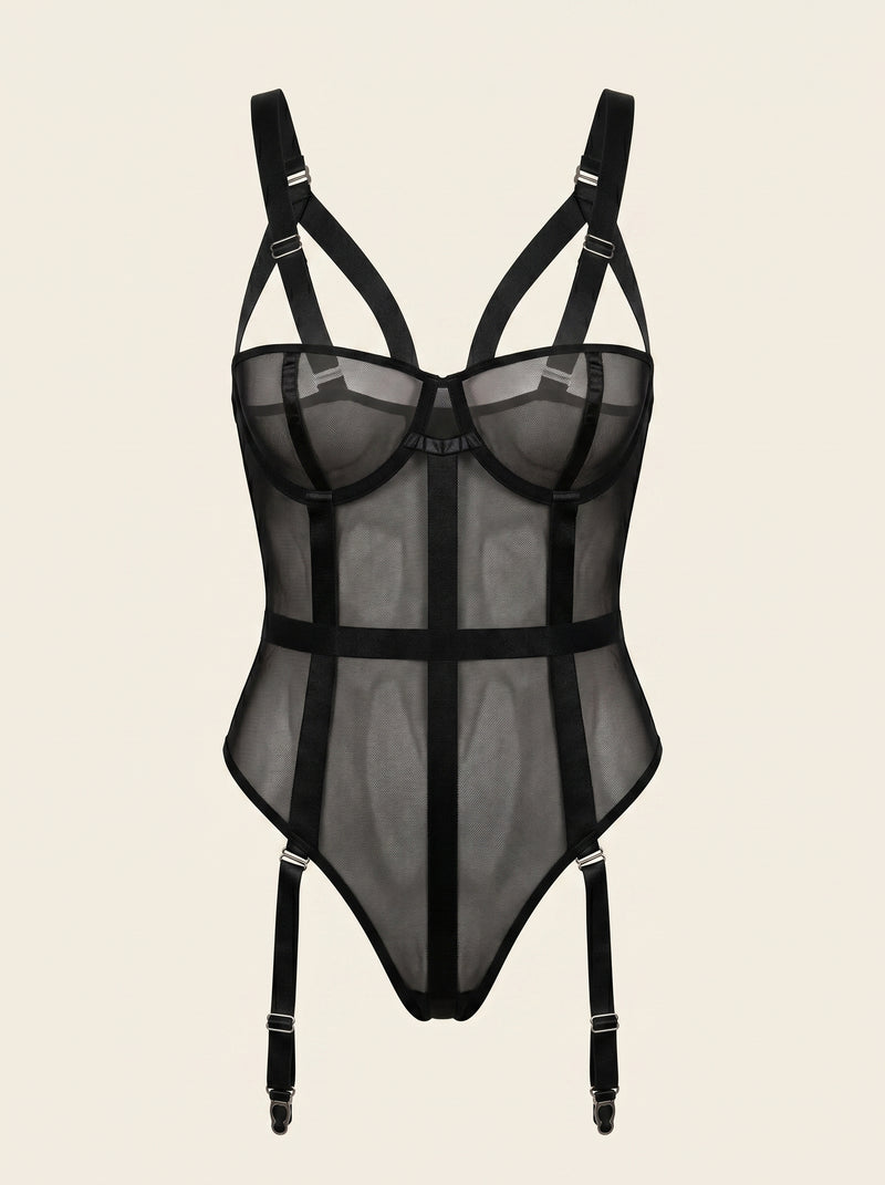 Black Mesh Bodysuit with Strappy Design