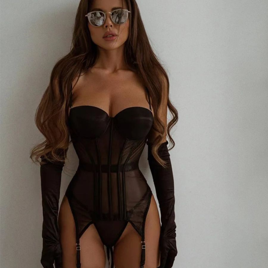 Black Mesh Bodysuit with Strappy Detail-Bodysuit-Bellascena-bellascena
