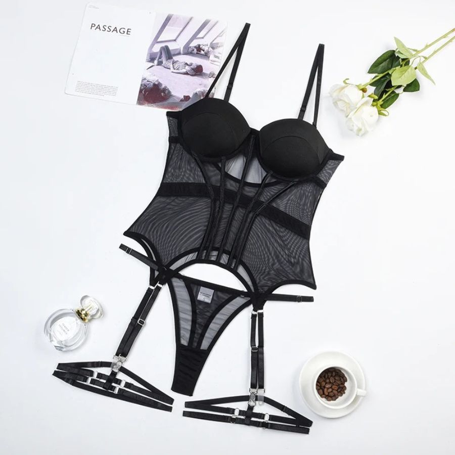 Black Mesh Bodysuit with Strappy Detail-Bodysuit-Bellascena-bellascena