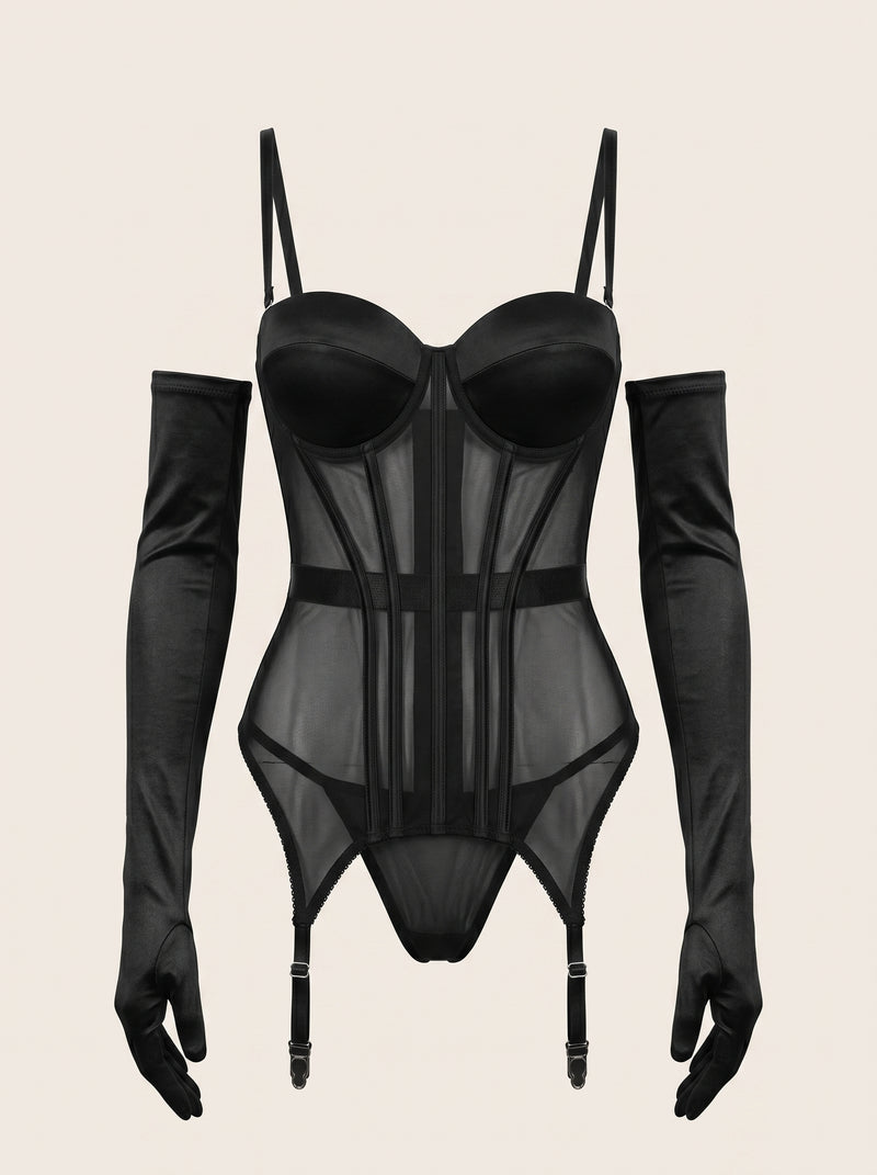 Black Mesh Bodysuit with Strappy Detail