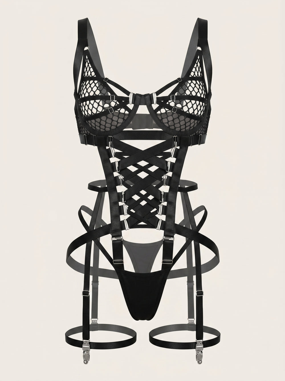 Black Mesh Bodysuit with Strappy Sheer Design