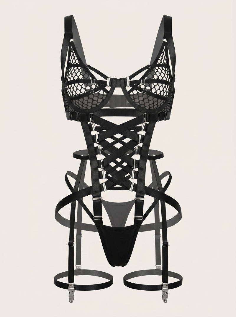 Black Mesh Bodysuit with Strappy Sheer Design