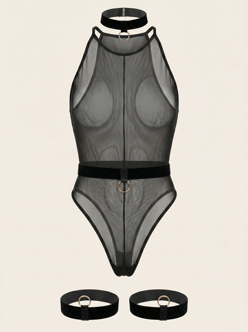 Black Mesh Bodysuit with Strappy Sheer Detailing