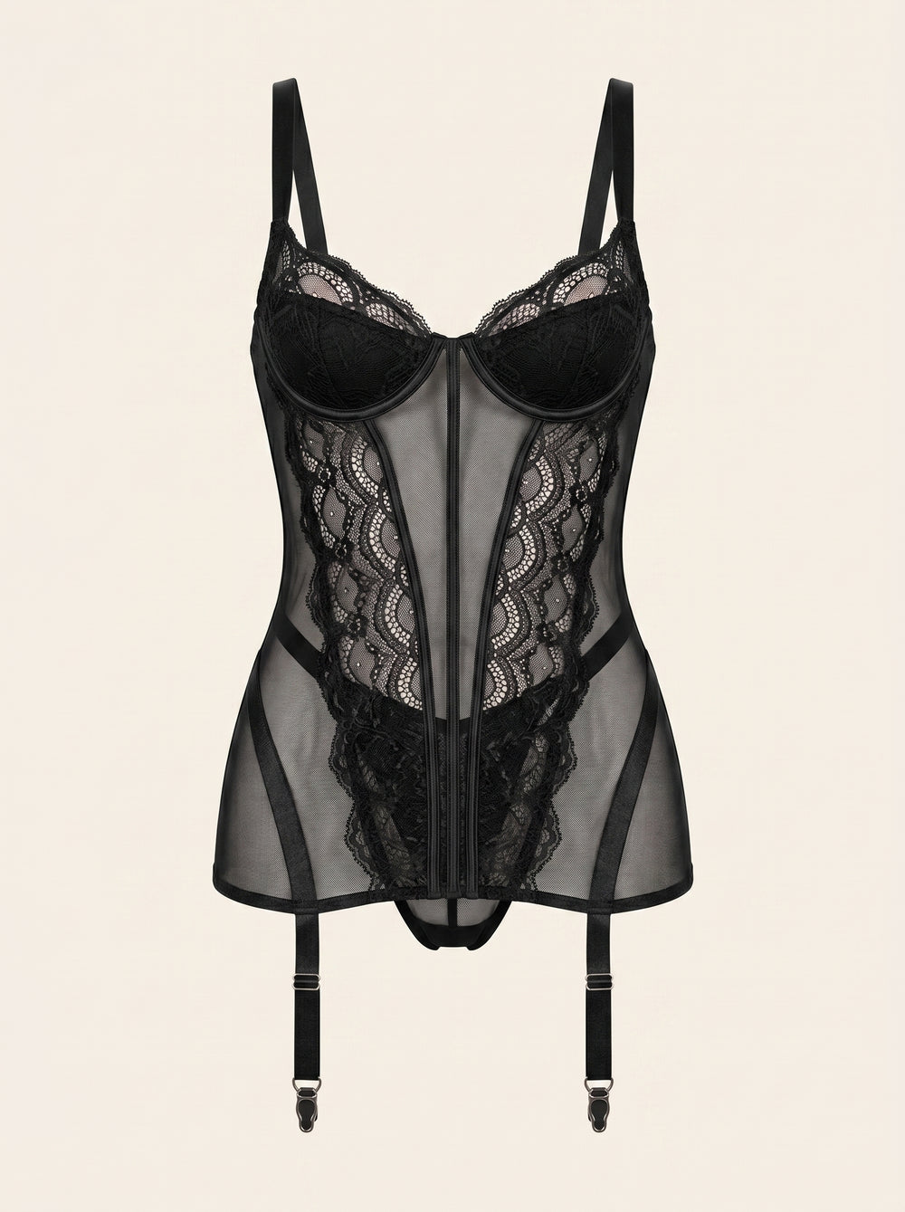 Corsetto nero in rete con sovrapposizione in pizzo e reggicalze