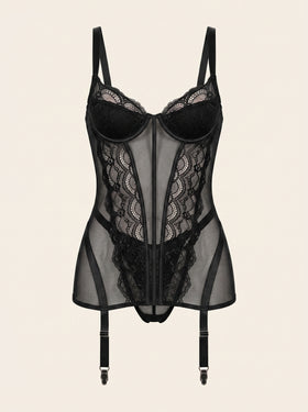 Black Mesh Corset with Lace Overlay and Garter Straps-Corset-Bellascena-S-Black-bellascena