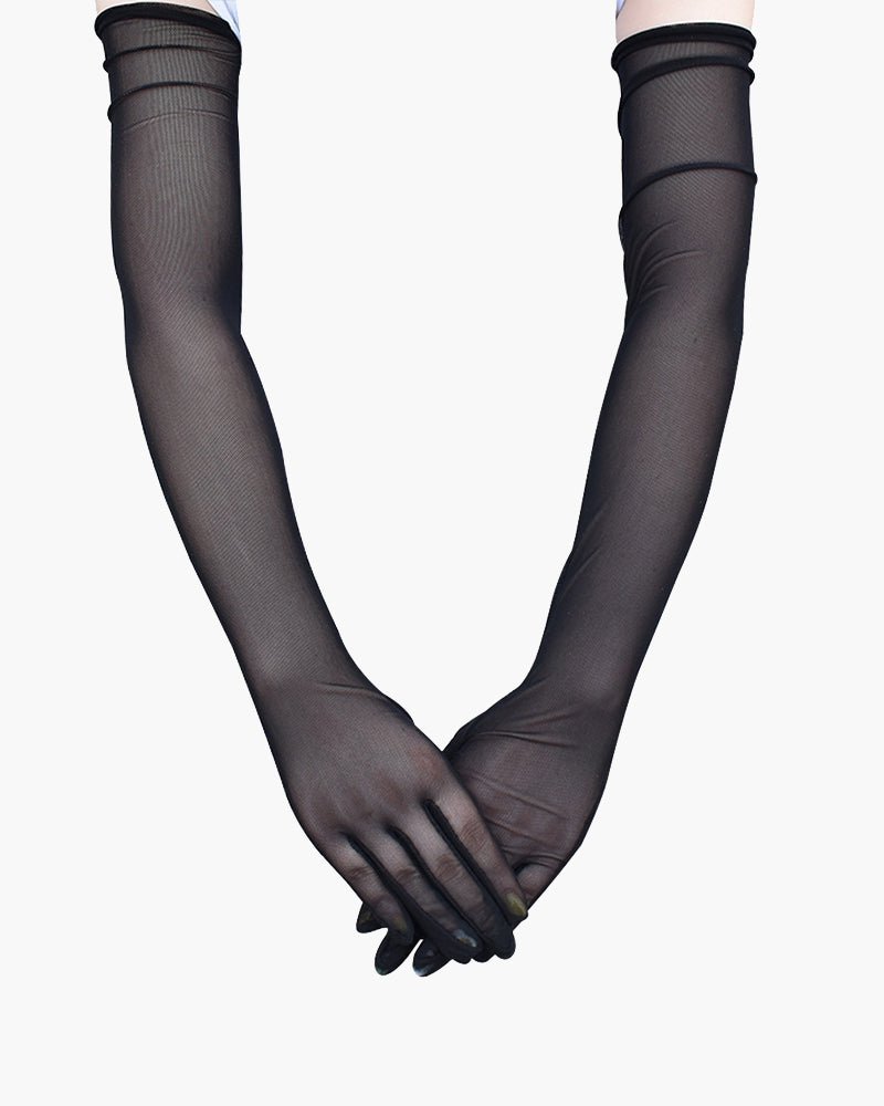 Black Mesh Elbow-Length Gloves with Sheer Texture-Gloves-Bellascena-bellascena