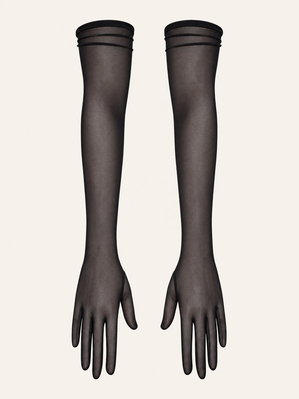Guanti in tulle nero fino al gomito con texture trasparente