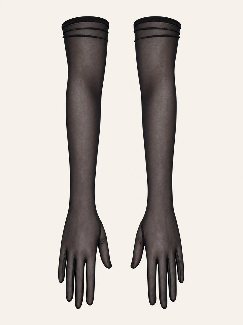 Black Mesh Elbow-Length Gloves with Sheer Texture