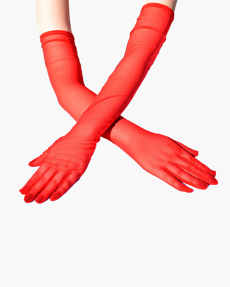 Black Mesh Elbow-Length Gloves with Sheer Texture-Gloves-Bellascena-Red-One Size-bellascena