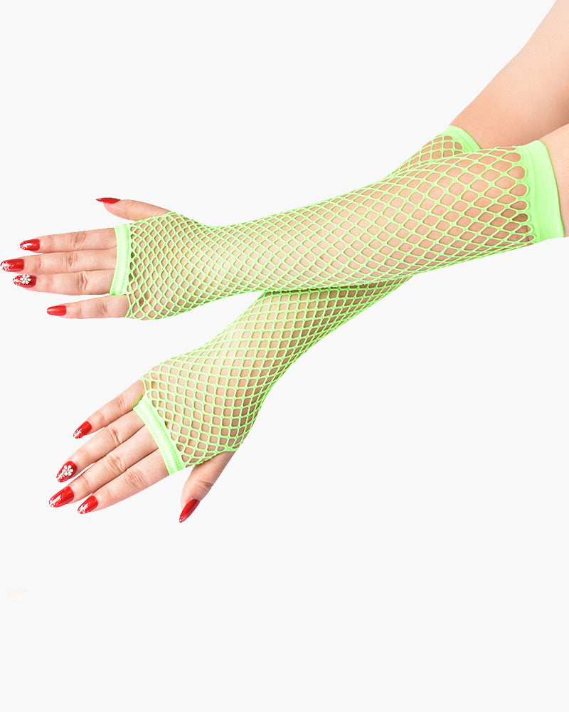 Black Mesh Fingerless Gloves with Sheer Detailing-Gloves-Bellascena-Light Green-One Size-bellascena