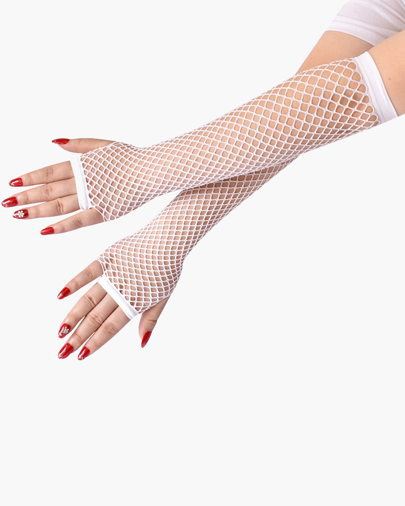 Black Mesh Fingerless Gloves with Sheer Detailing-Gloves-Bellascena-White-One Size-bellascena