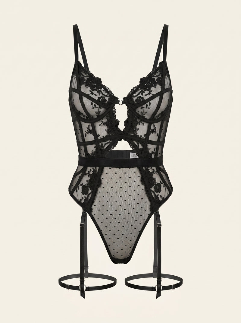 Black Mesh Lace Bodysuit with Cutout Details