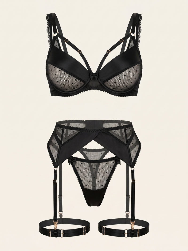 Set di lingerie in rete nera con eleganza a pois