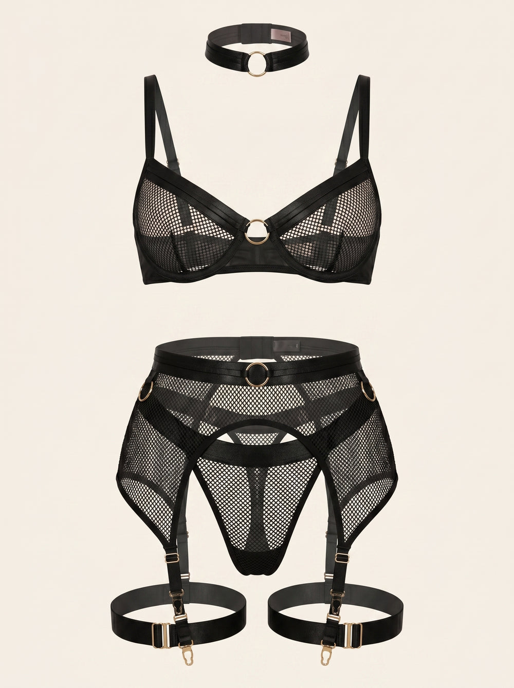 Black Mesh Lingerie Set with Strappy Cutout Design