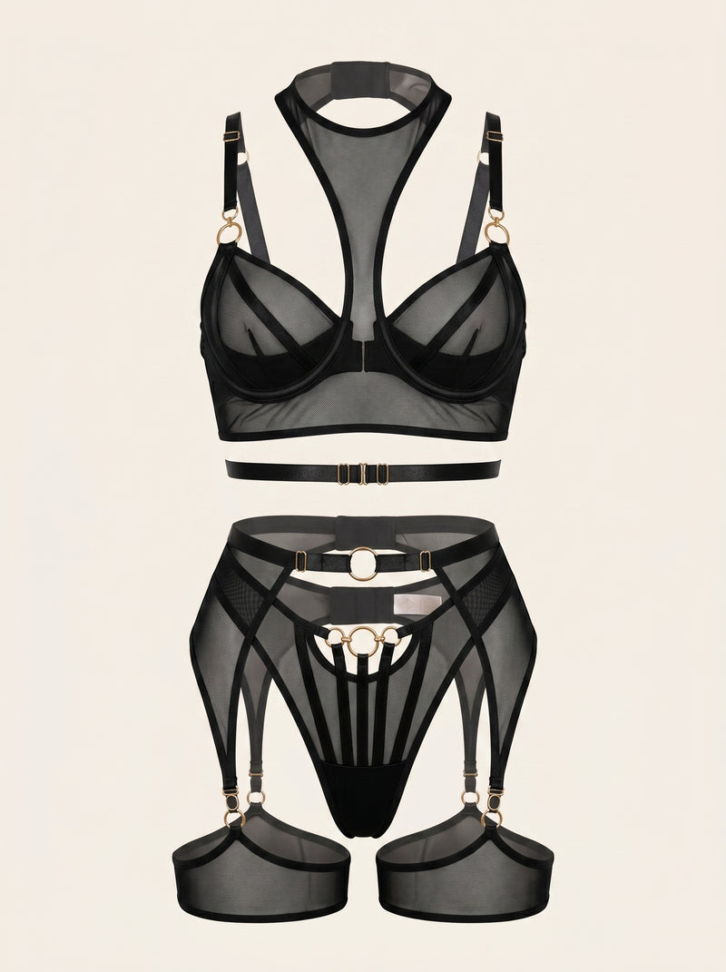 Set di lingerie in rete nera con aperture a strisce