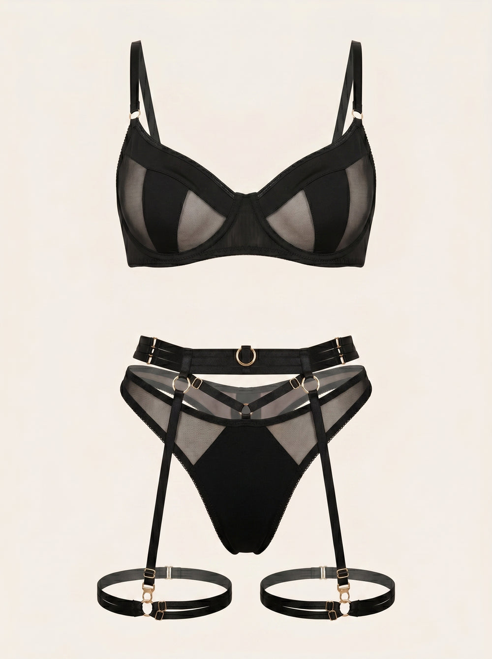Schwarzes Mesh-Dessous-Set mit Riemchen und Cut-outs