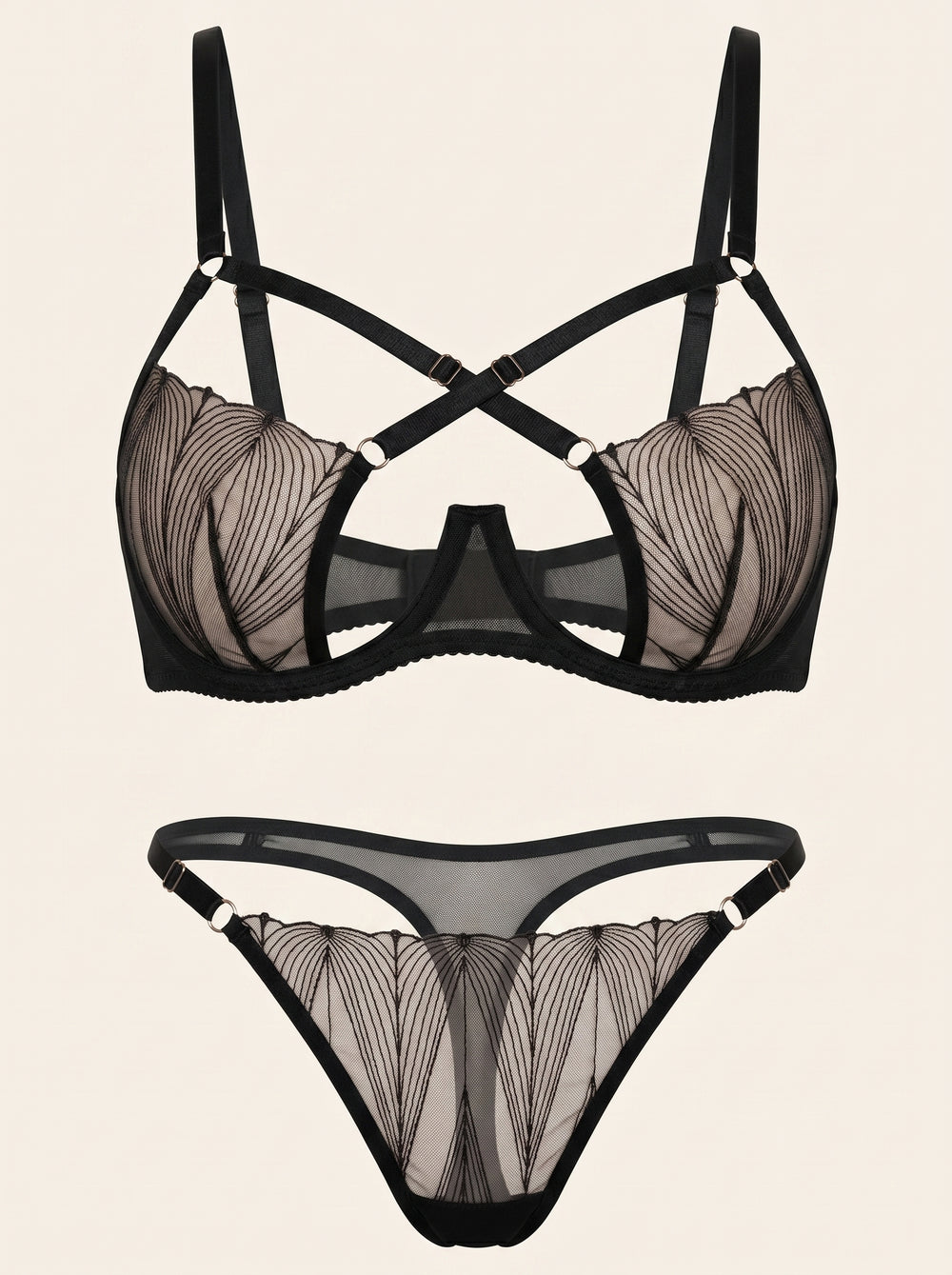 Schwarzes Mesh-Dessous-Set mit Riemchen und Cut-outs