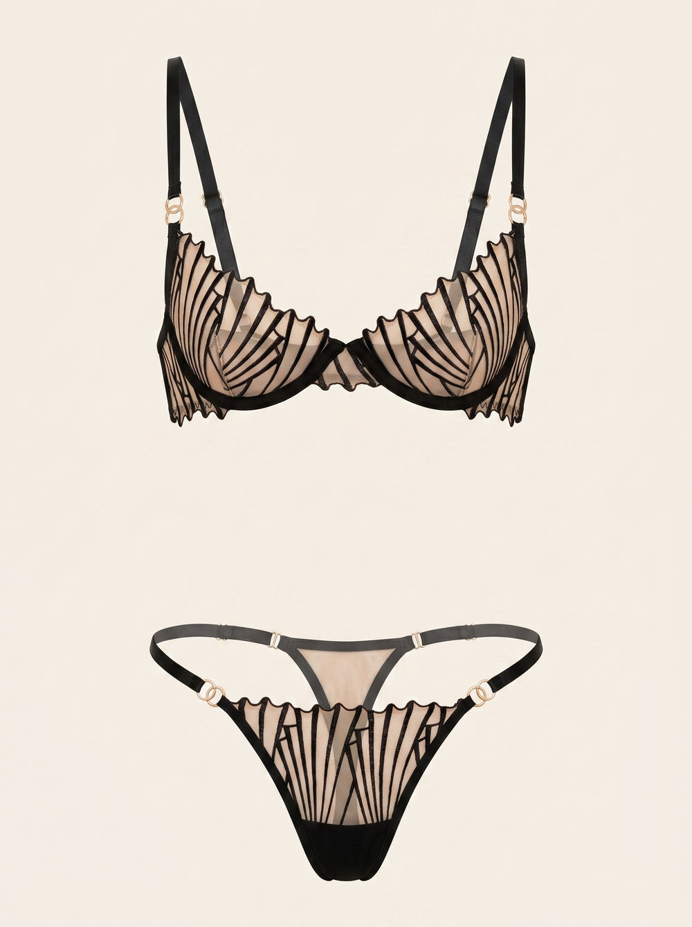Schwarzes Mesh-Dessous-Set mit Riemchen-Detail