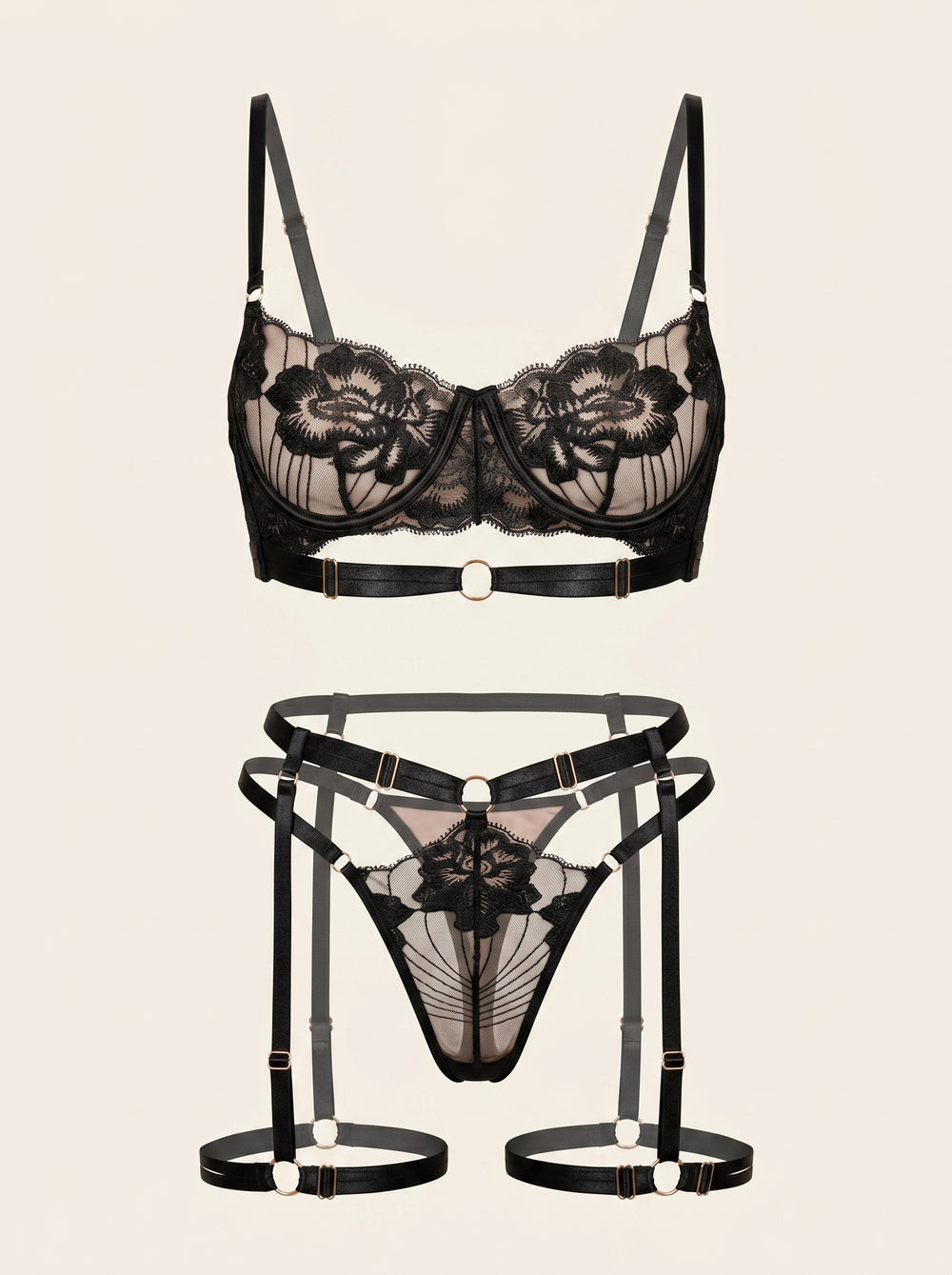 Schwarzes Mesh-Dessous-Set mit Riemchen-Details