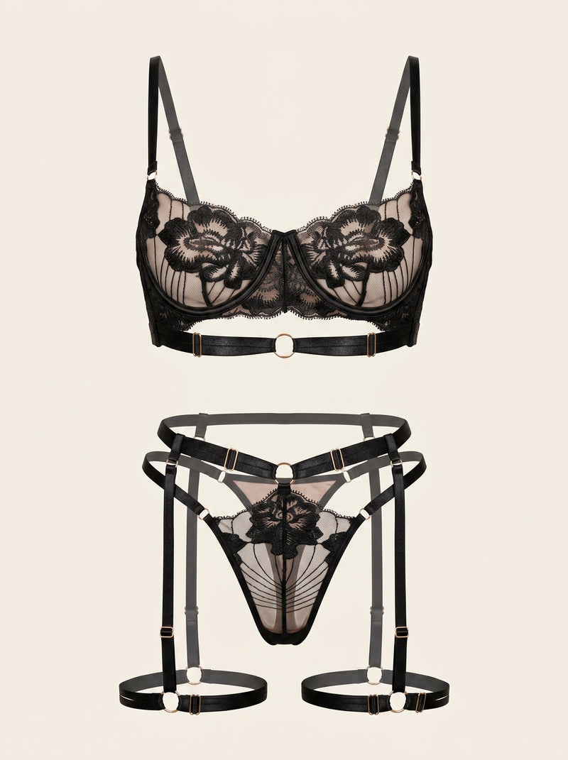 Black Mesh Lingerie Set with Strappy Details