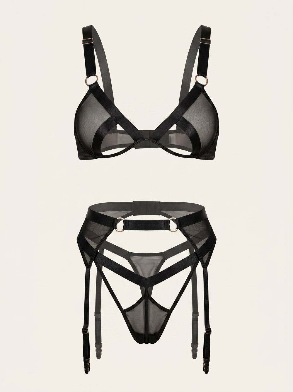 Schwarzes Mesh-Dessous-Set mit transparentem Riemchendesign