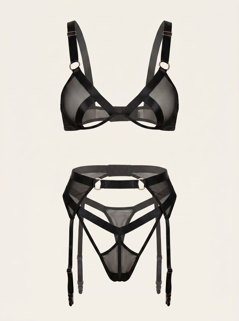 Set di lingerie in rete nera con design trasparente a strisce