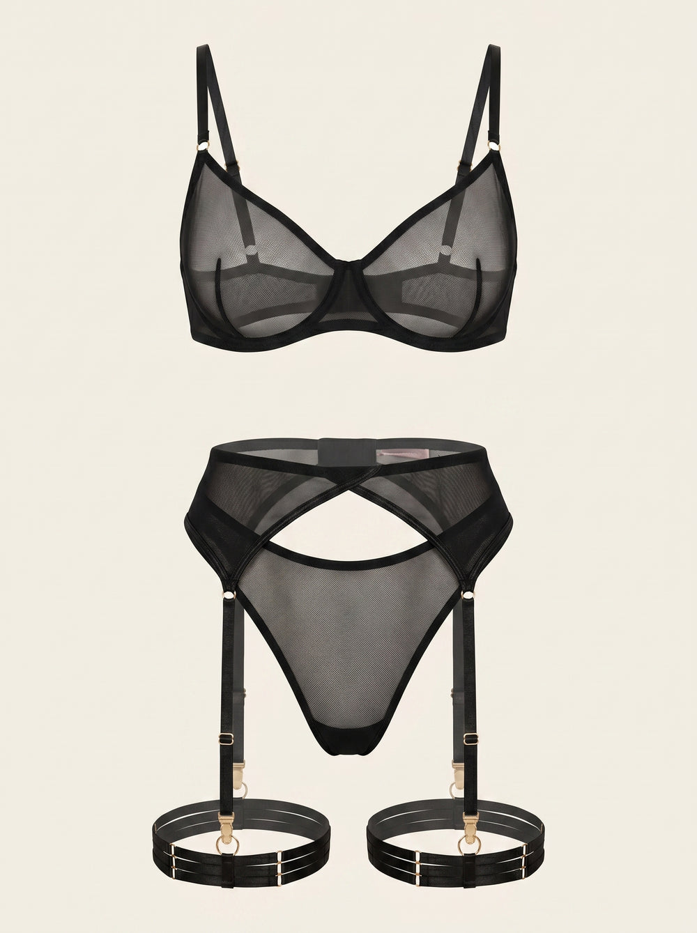 Black Mesh Lingerie Set with Strappy Sheer Details