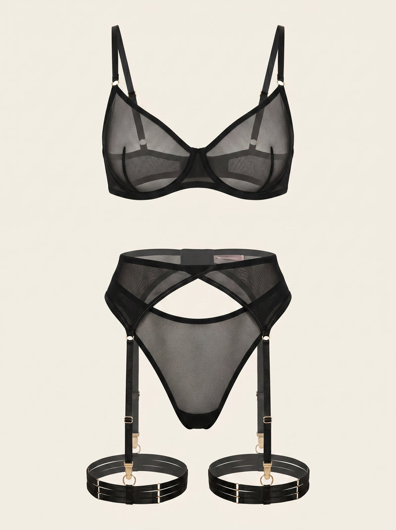 Set di lingerie in rete nera con dettagli trasparenti a strisce