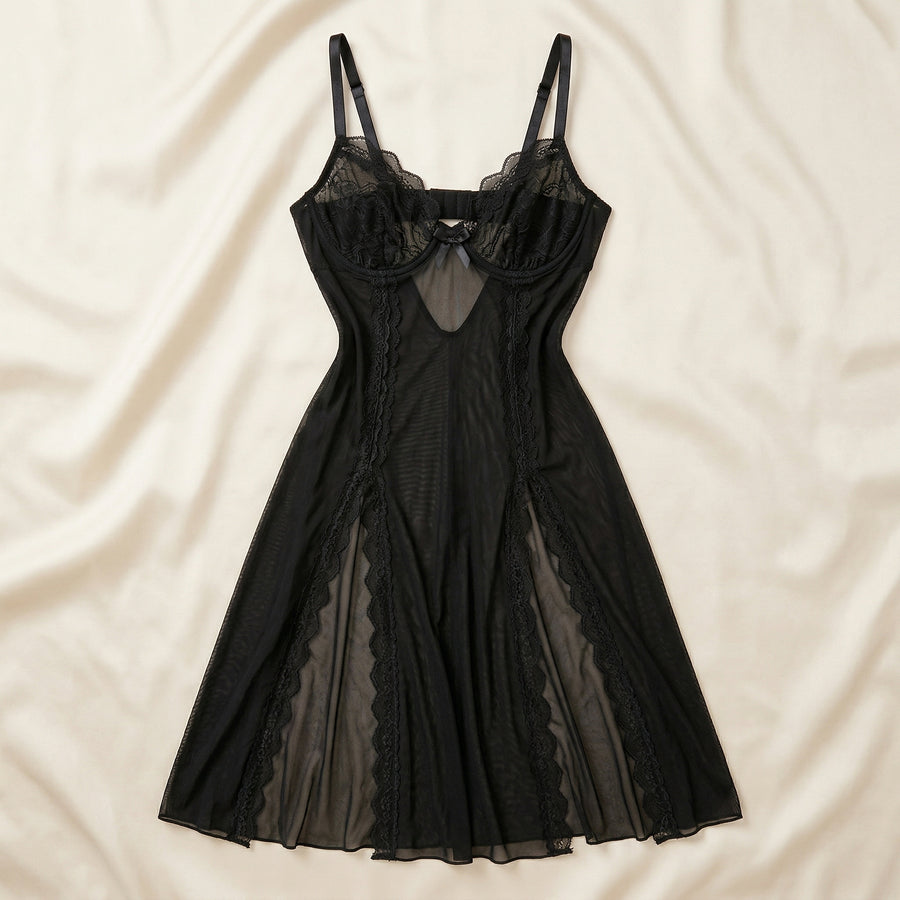 Black Mesh Nightgown with Sheer Lace Details-Nightgown-Bellascena-bellascena