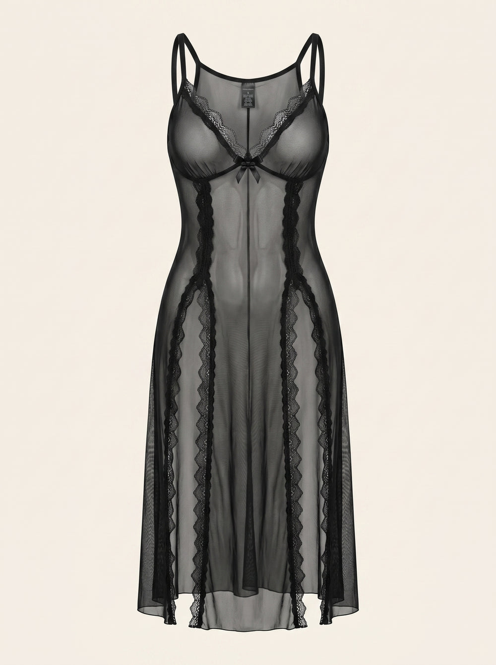 Black Mesh Nightgown with Sheer Lace Details