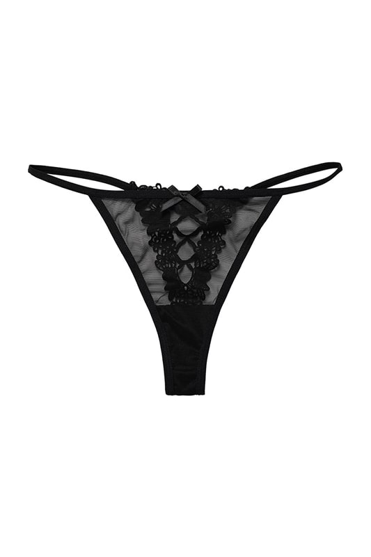 Black Mesh Thong with Lace Bow Detail-Thong-Bellascena-bellascena
