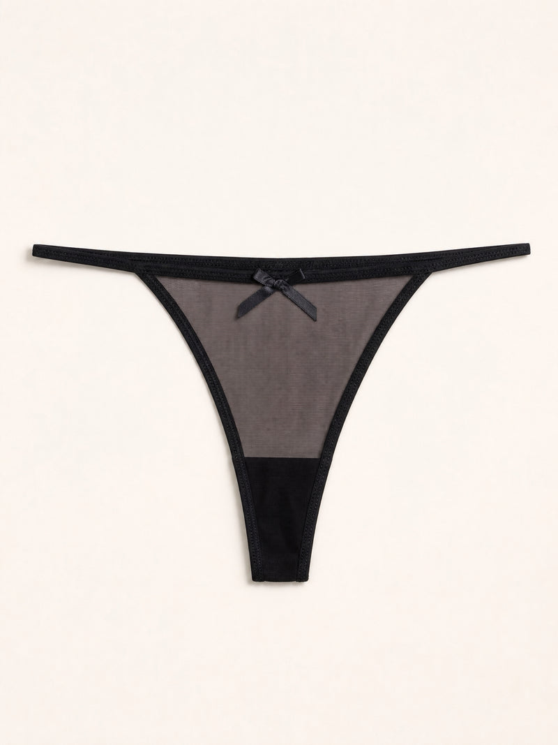 Black Mesh Thong with Lace Bow Detail