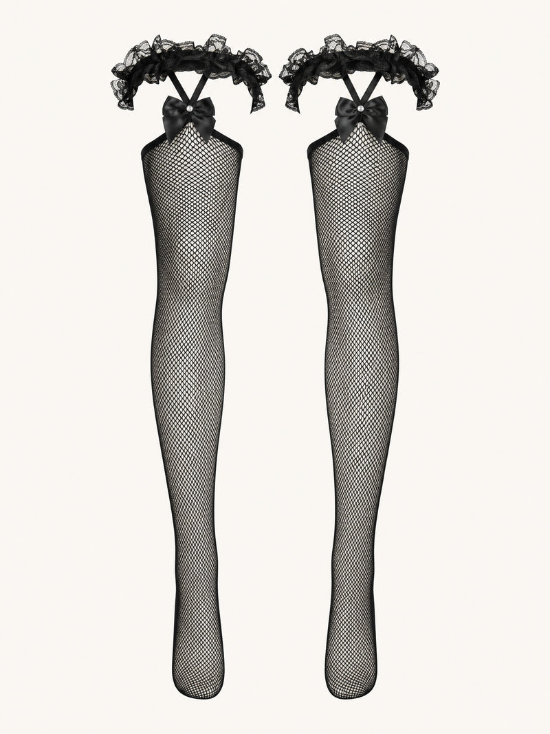 Black Mesh Tights with Bow Detail