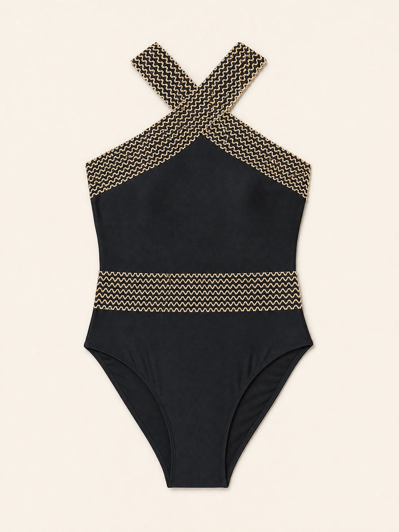 Black Nylon Shaping Swimwear with Criss-Cross Straps