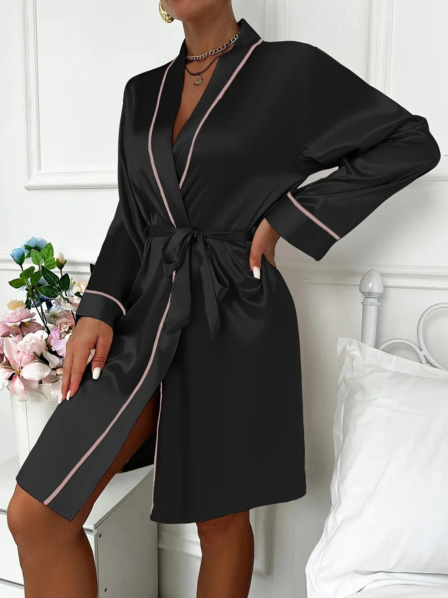 Black Piping Deep Red Satin Kimono Robe with Tie Belt-Kimono Robe-Bellascena-bellascena