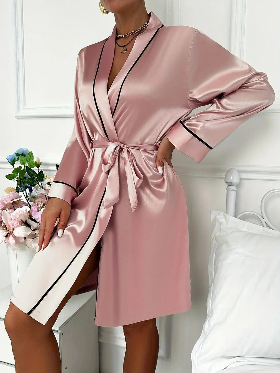 Black Piping Deep Red Satin Kimono Robe with Tie Belt-Kimono Robe-Bellascena-bellascena