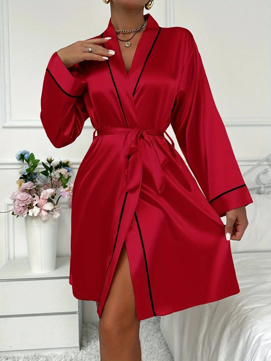Black Piping Deep Red Satin Kimono Robe with Tie Belt-Kimono Robe-Bellascena-bellascena
