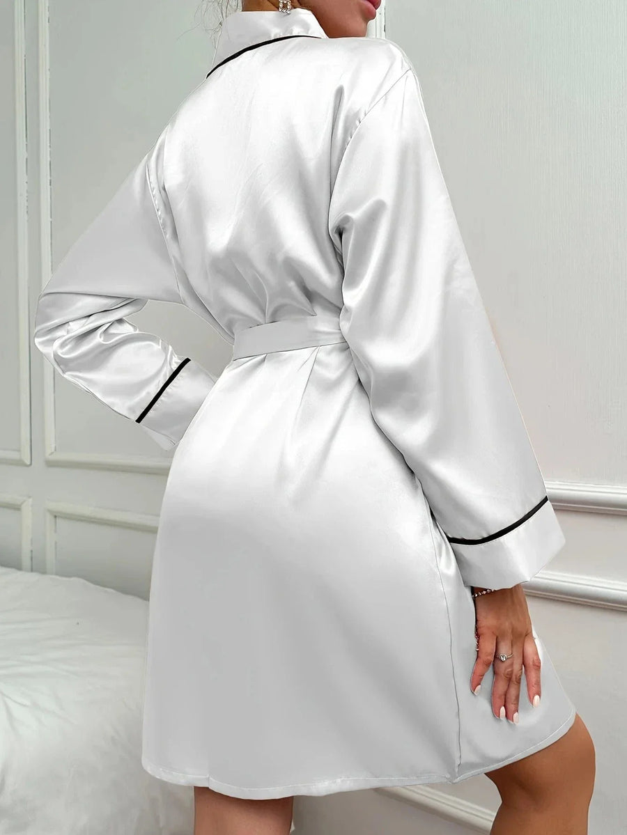 Black Piping Deep Red Satin Kimono Robe with Tie Belt-Kimono Robe-Bellascena-bellascena
