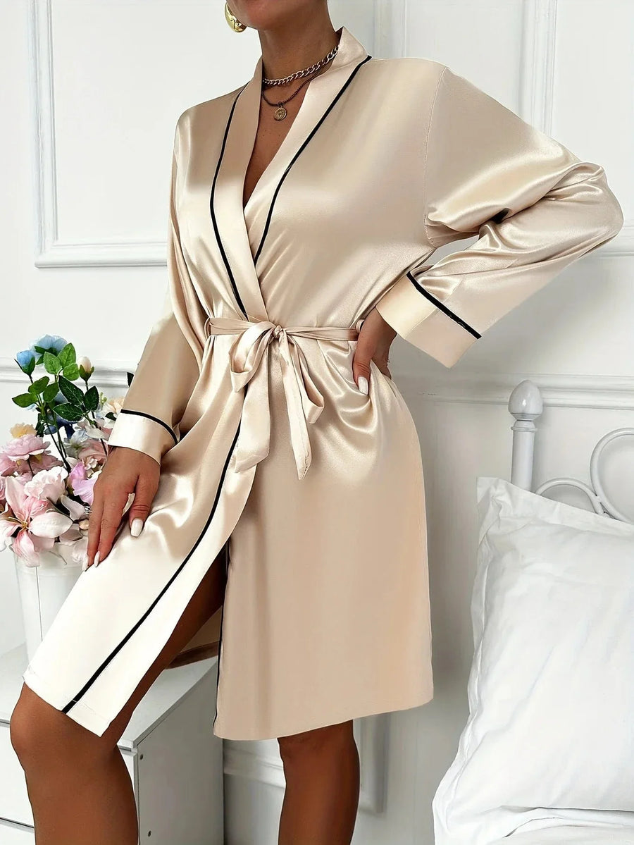 Black Piping Deep Red Satin Kimono Robe with Tie Belt-Kimono Robe-Bellascena-bellascena
