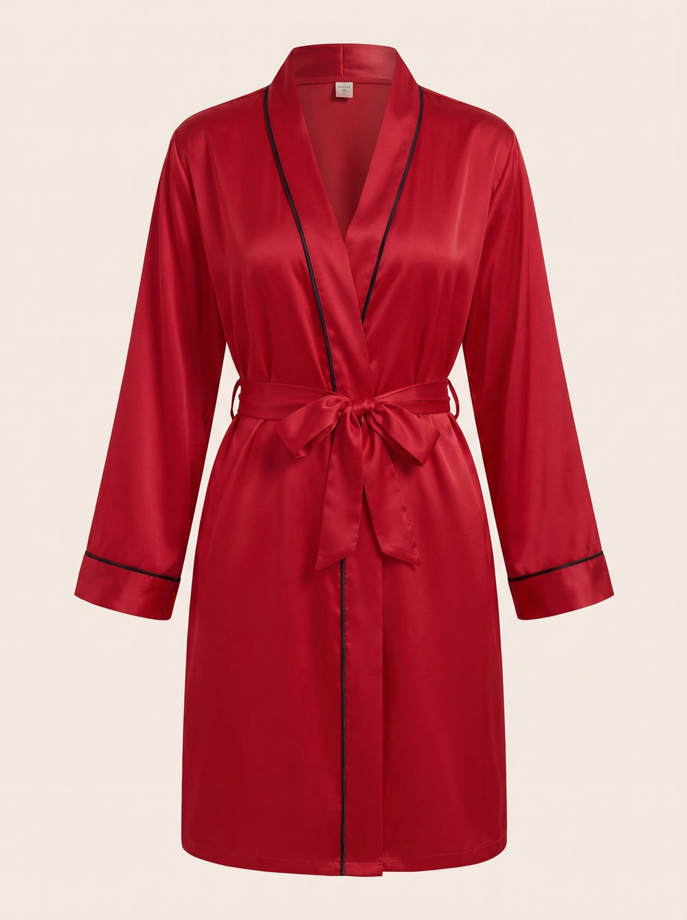 Kimono peignoir en satin rouge profond avec passepoil noir et ceinture à nouer