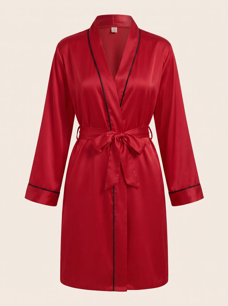 Black Piping Deep Red Satin Kimono Robe with Tie Belt