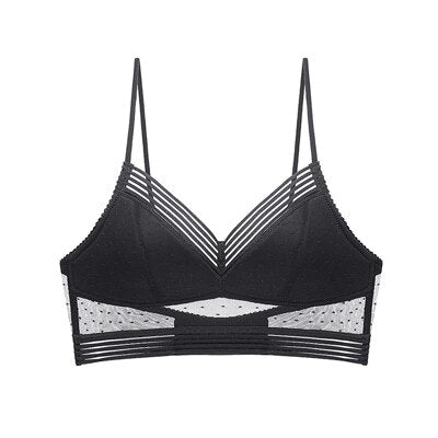Black Polka Dot Lace Bra with Strappy Sheer Back-Bra-Bellascena-bellascena