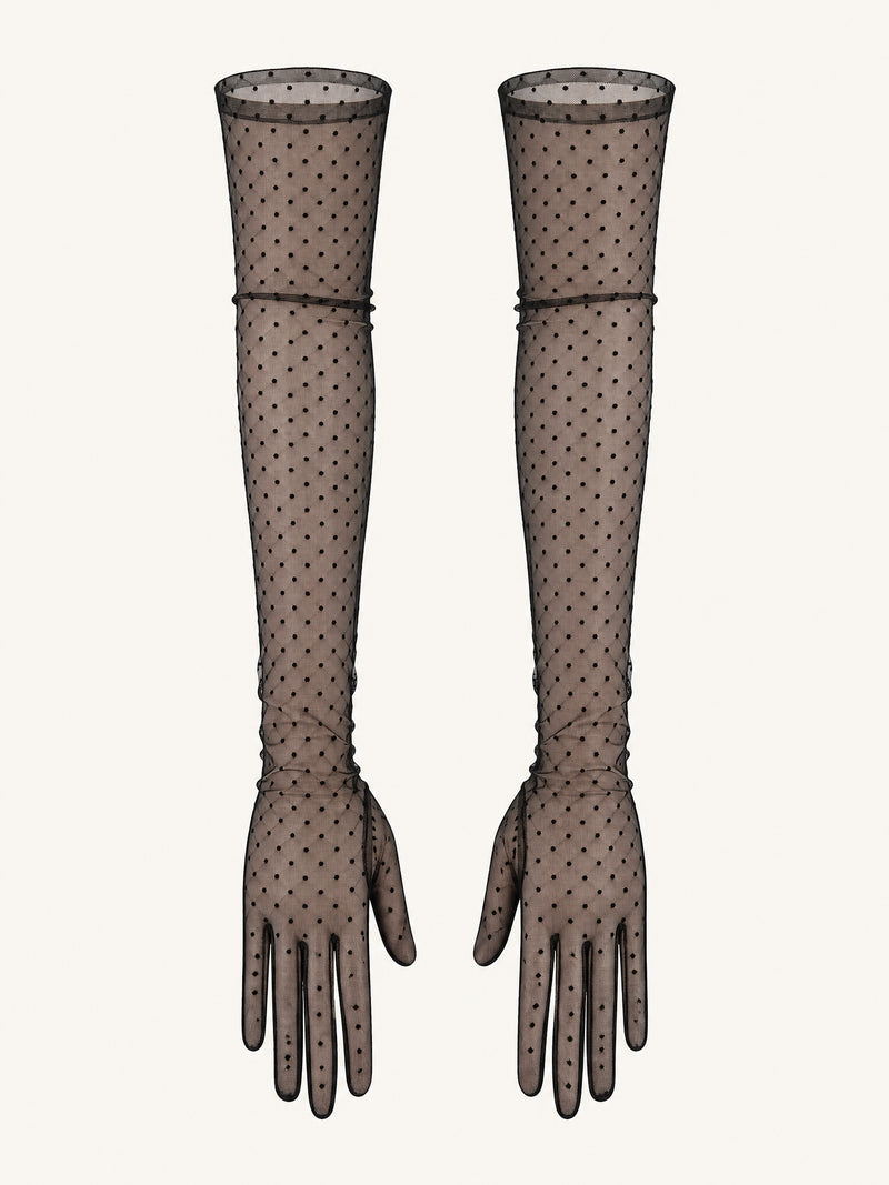 Black Polka Dot Lace Gloves with Long Length
