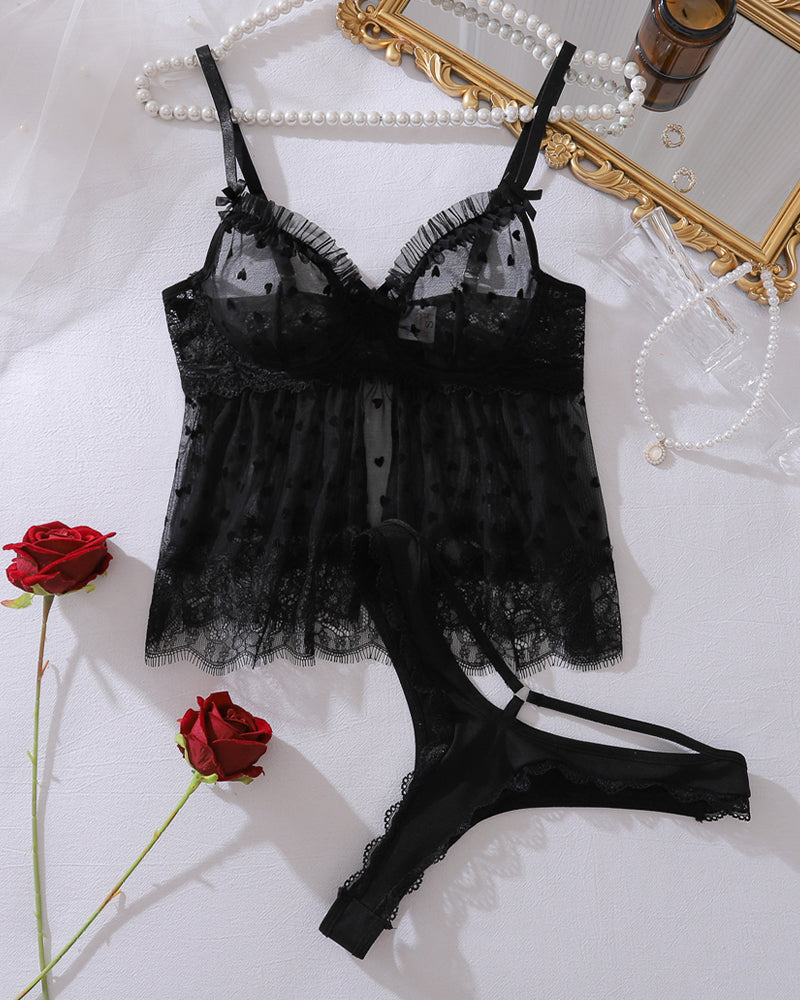 Black Polka Dot Sheer Mesh Lingerie Set with Ruffle Detail-Pajama Set-Bellascena-bellascena
