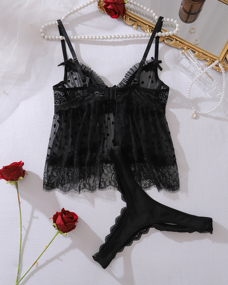 Black Polka Dot Sheer Mesh Lingerie Set with Ruffle Detail-Pajama Set-Bellascena-bellascena