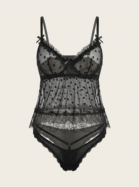 Black Polka Dot Sheer Mesh Lingerie Set with Ruffle Detail-Pajama Set-Bellascena-Black-S-bellascena