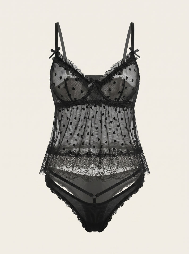 Black Polka Dot Sheer Mesh Lingerie Set with Ruffle Detail