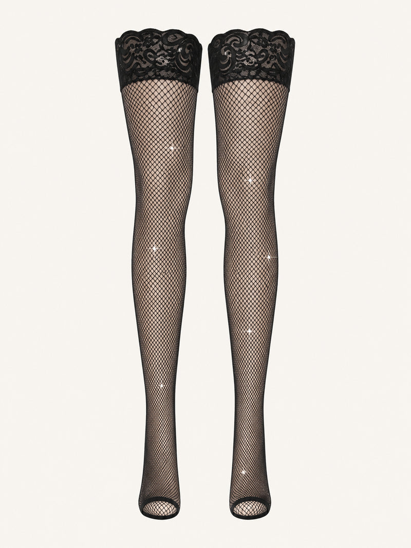 Black Rhinestone Fishnet Tights with Sheer Detail
