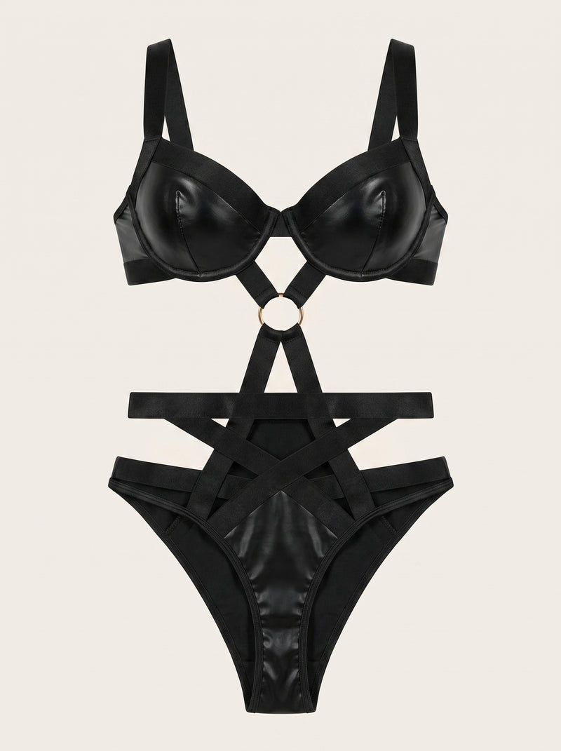 Body nero in raso con design cut-out a cinturini
