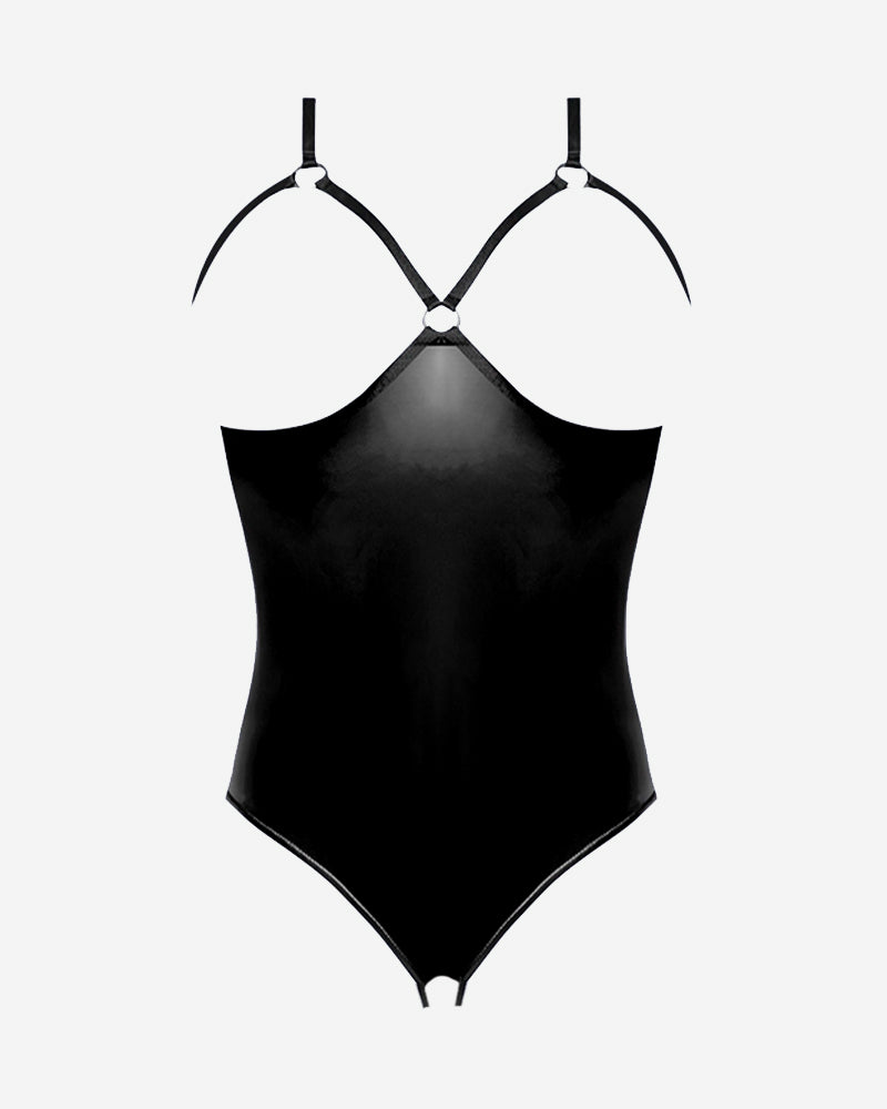 Black Satin Bodysuit with Strappy Open Back-Bodysuit-Bellascena-bellascena